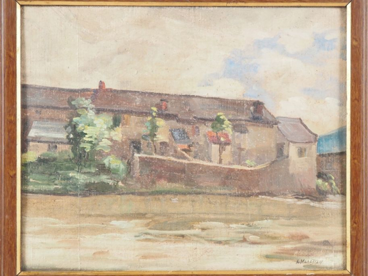 MARESTAN.  "la ferme" Huile sur toile, signée en bas à droite  Dim. 32