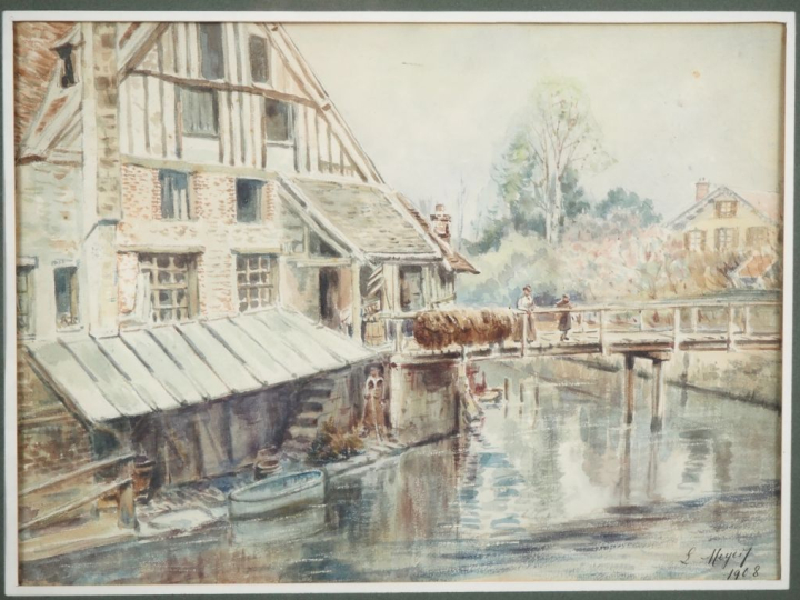 MEYER.  "Personnage près du moulin" Aquarelle, signée en bas à droite 