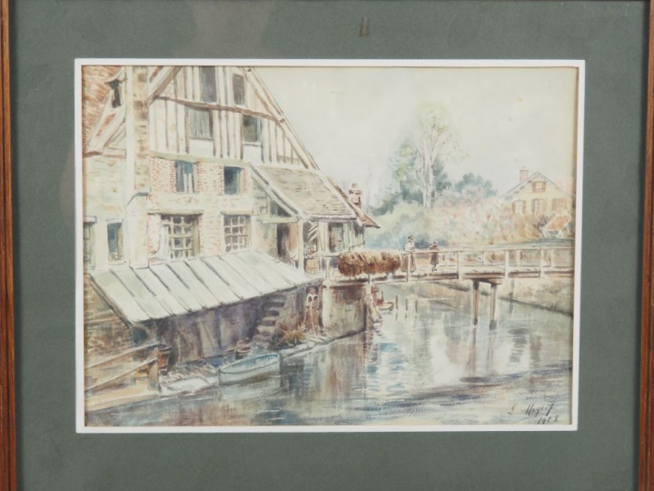 MEYER.  "Personnage près du moulin" Aquarelle, signée en bas à droite 