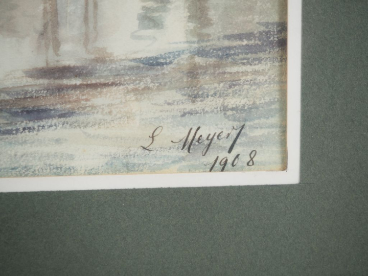 MEYER.  "Personnage près du moulin" Aquarelle, signée en bas à droite 