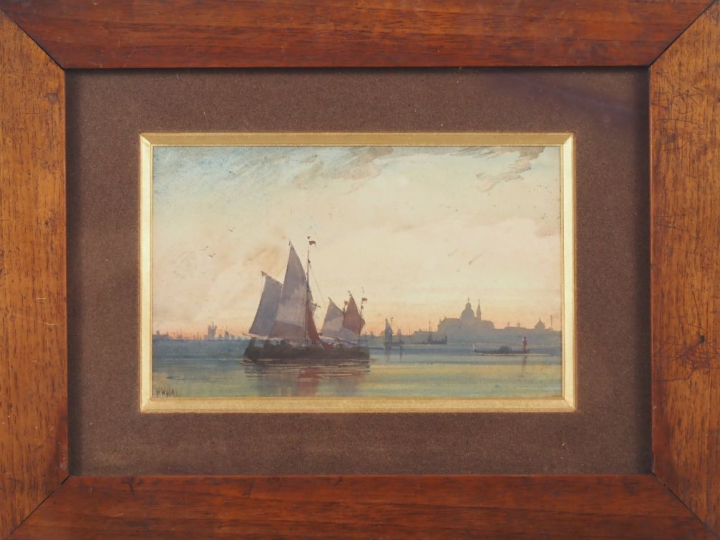 Ecole XIXème.  "Embarcation au large de Venise" Aquarelle, signée en b