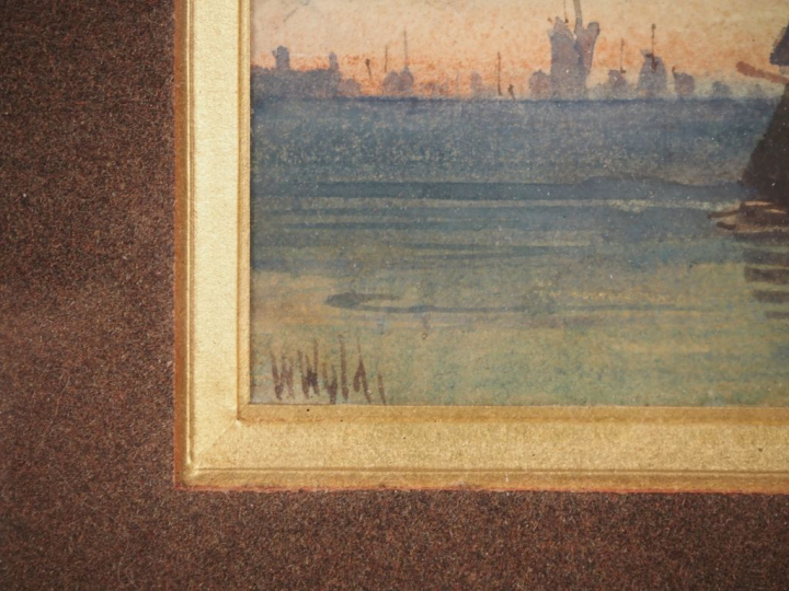 Ecole XIXème.  "Embarcation au large de Venise" Aquarelle, signée en b