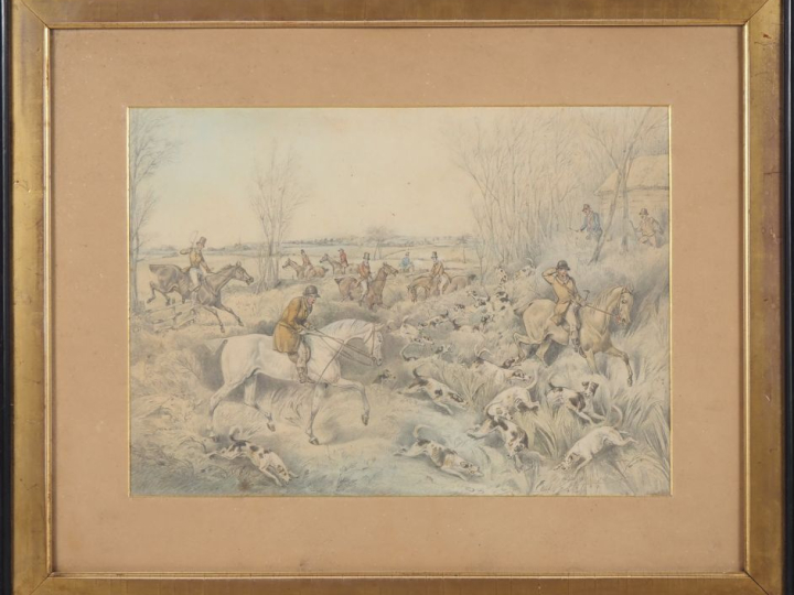 Ecole française fin XIXème.  "scène de chasse à courre" Dessin au cray