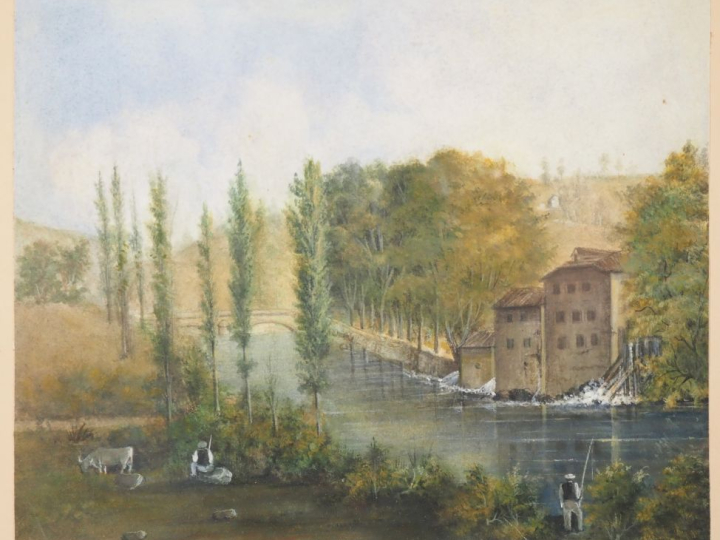 Ecole française XIXème "paysage au moulin et au pecheur" Pastel Dim. 2