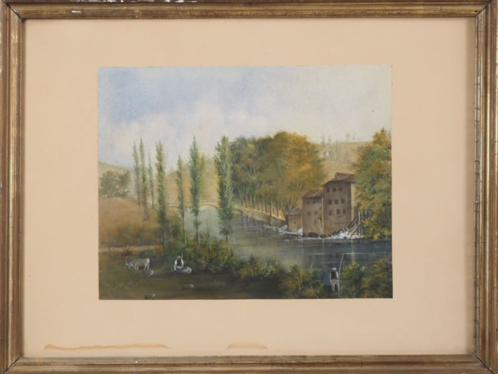 Ecole française XIXème "paysage au moulin et au pecheur" Pastel Dim. 2