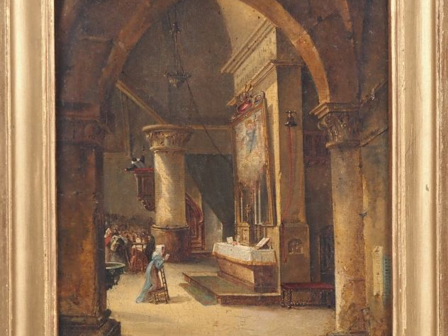 Ecole française XIXème. "intérieur d'église" Huile sur toile Dim. 27 x