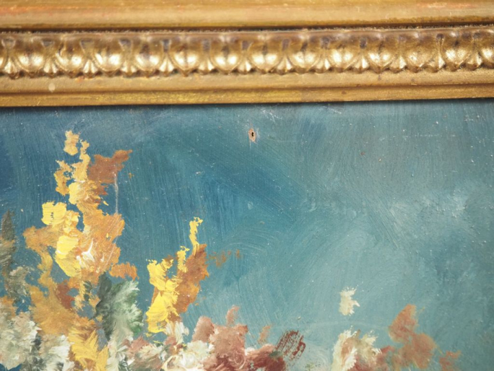 Ecole française XXème. "bouquet de fleurs dans un vase" Huile sur pann
