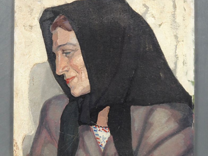 Ecole française Art Déco.  "portrait de jeune femme au fichu" Huile su