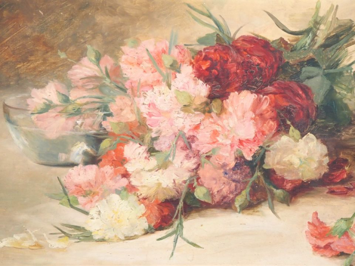 Ecole française XXème.  "Jeté d'œillets" Huile sur toile Dim. 33,5 x 4
