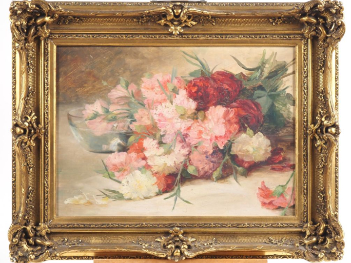 Ecole française XXème.  "Jeté d'œillets" Huile sur toile Dim. 33,5 x 4