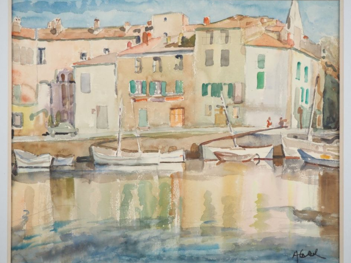 Ecole catalane XXème.  "les barques à quai" Aquarelle, signée en bas à