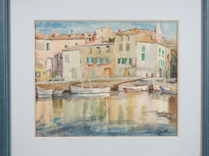 Ecole catalane XXème.  "les barques à quai" Aquarelle, signée en bas à