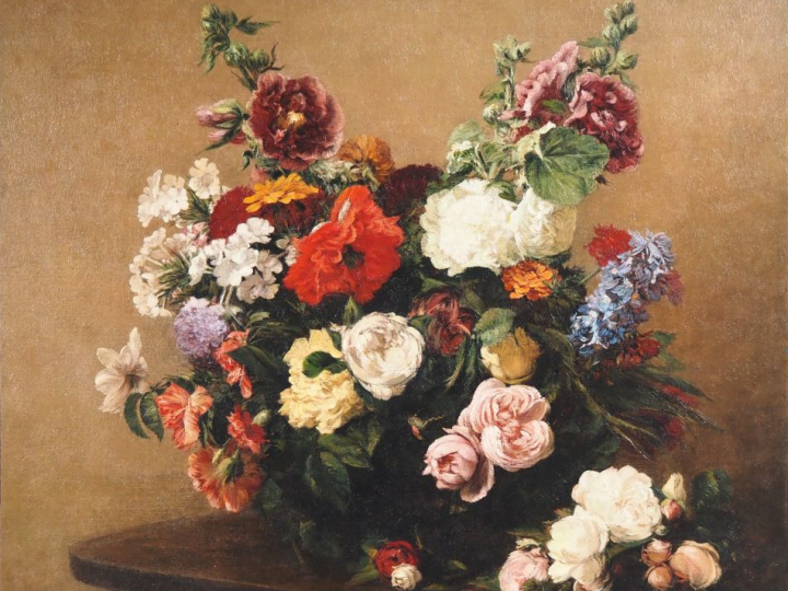 Ecole française XXème  "corbeille de fleurs" Chromo réhaussé ou copie 