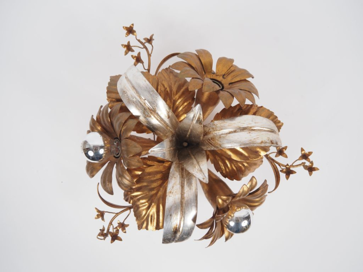 Applique en laiton doré et argenté en forme de fleur et de feuille, éc