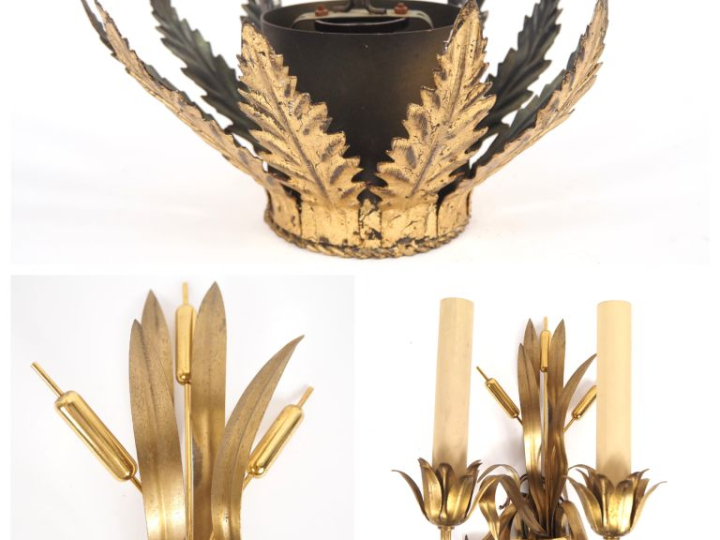 Plafonnier en laiton.  Diam. 26 cm  On y joint une applique double en 