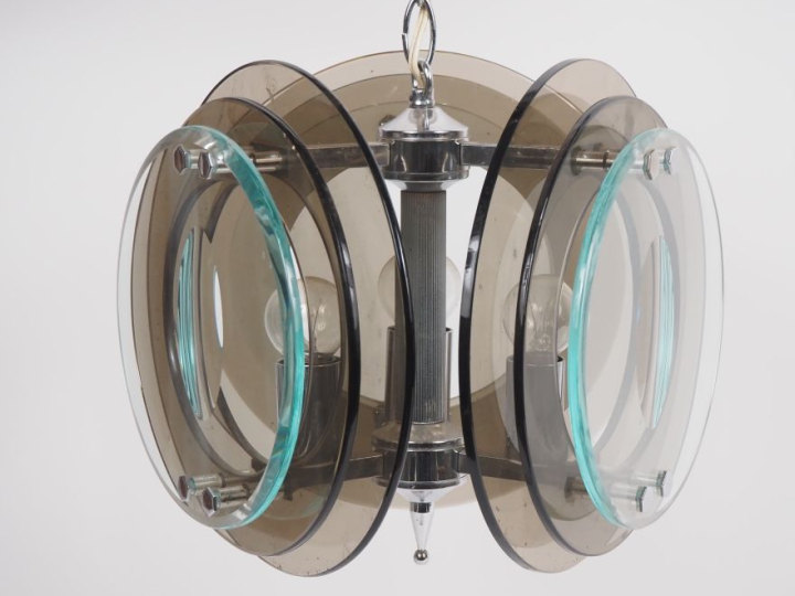 MAX INGRAND pour FONTANA ARTE.  Lustre en verre et verre fumé, éclaira
