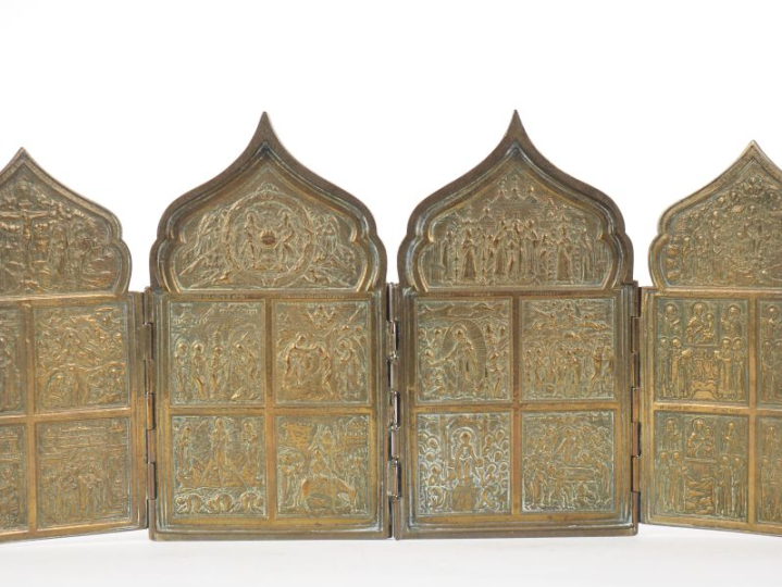 Quadriptyque de voyage orthodoxe en laiton à quatre registres figurant