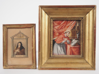 Vente aux enchères Miniature XIXème, "Saint personnage en prière". Dim. 13,5 x 10,5 cm.  
