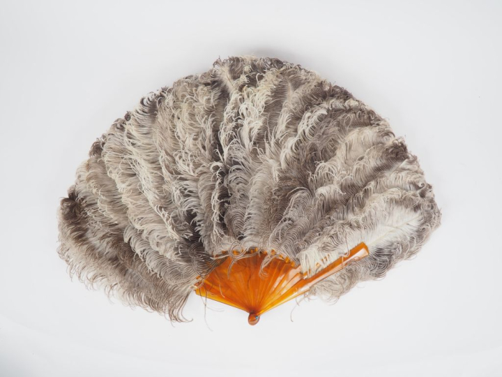 Eventail 1900 en plumes, 18 brins, dans son coffret signé Rodien H. 47