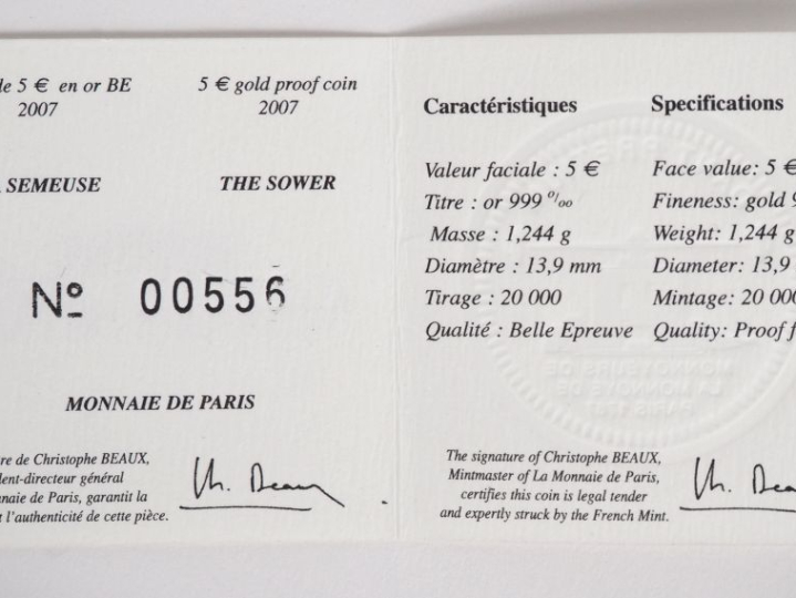 MONNAIE DE PARIS. Pièce de 5 euros en or 999 BE 2007, N° 00556. Diam. 