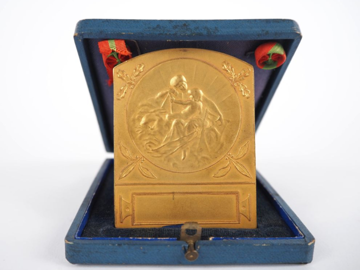 Médaille début Xxème en bronze doré à décor d'une mère et son enfant. 