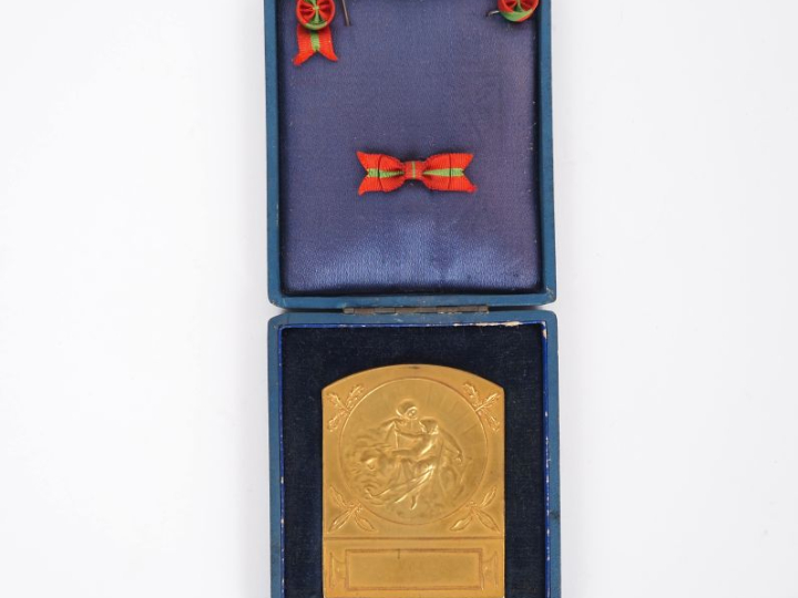 Médaille début Xxème en bronze doré à décor d'une mère et son enfant. 
