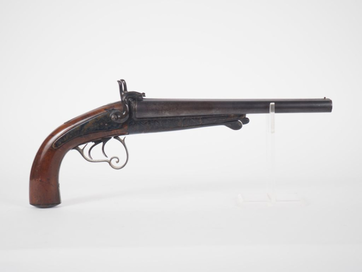 Fort pistolet à broche de vénerie, deux coups, calibre 16.  Canons en 