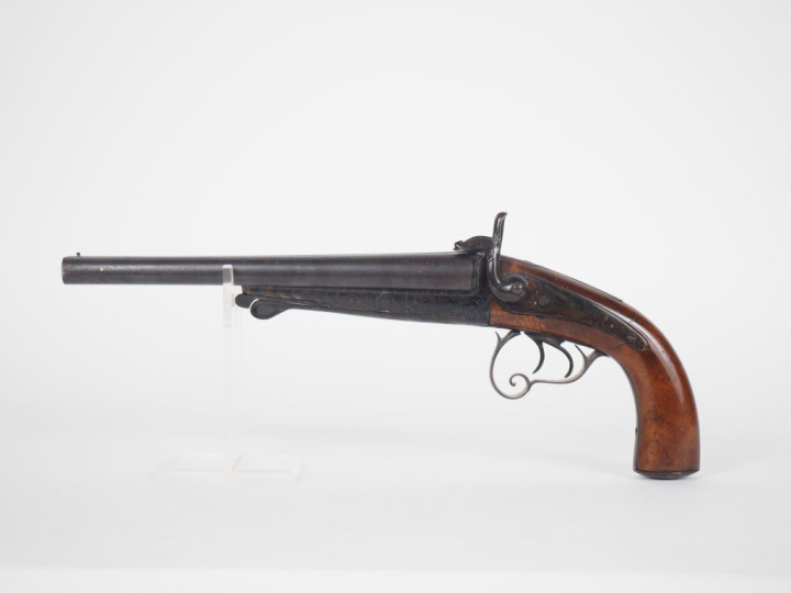 Fort pistolet à broche de vénerie, deux coups, calibre 16.  Canons en 