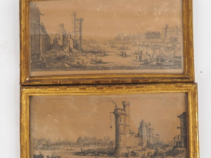 CALLOT (d'après). Paire de gravures en noir, cadre baguette dorée Dim 