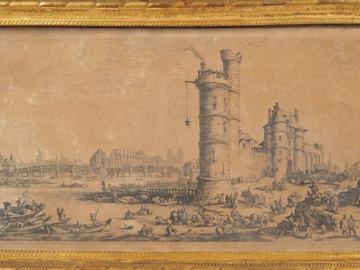 CALLOT (d'après). Paire de gravures en noir, cadre baguette dorée Dim 