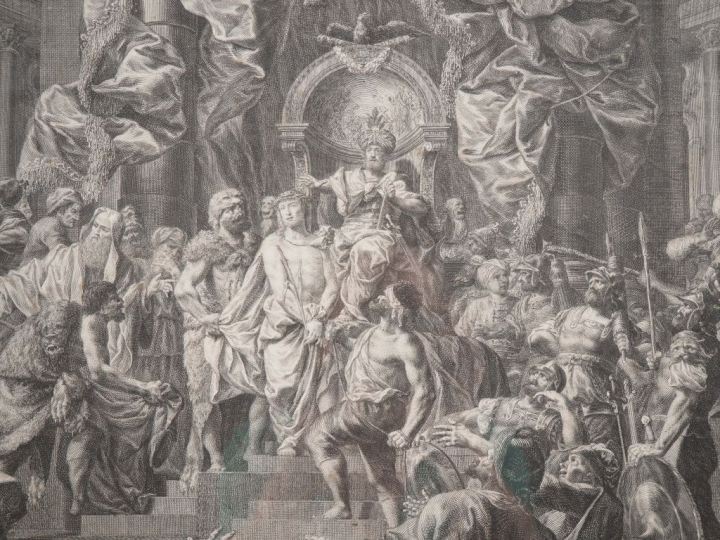 Grande gravure XVIIème d'après Hertz "le Christ présenté à Hérode". Di