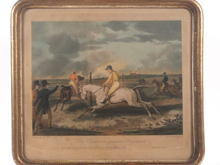 Paire de gravures en couleur d'après Carle Vernet.  "la course au prem