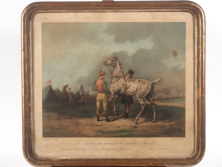Paire de gravures en couleur d'après Carle Vernet.  "la course au prem