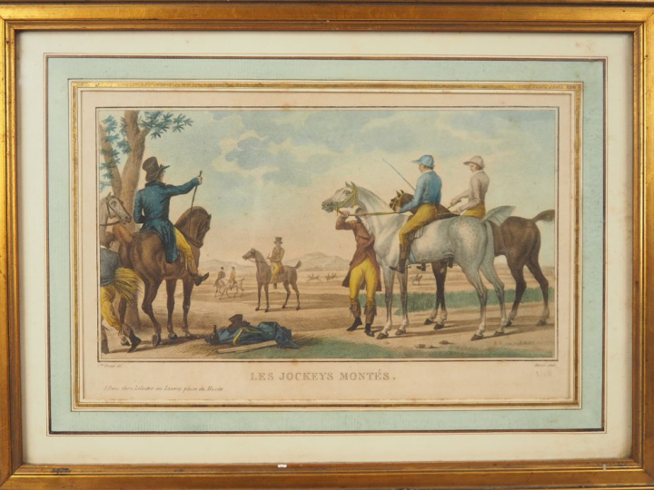 Carle VERNET.  4 gravures en couleurs "la course" "les apprèts d'une c