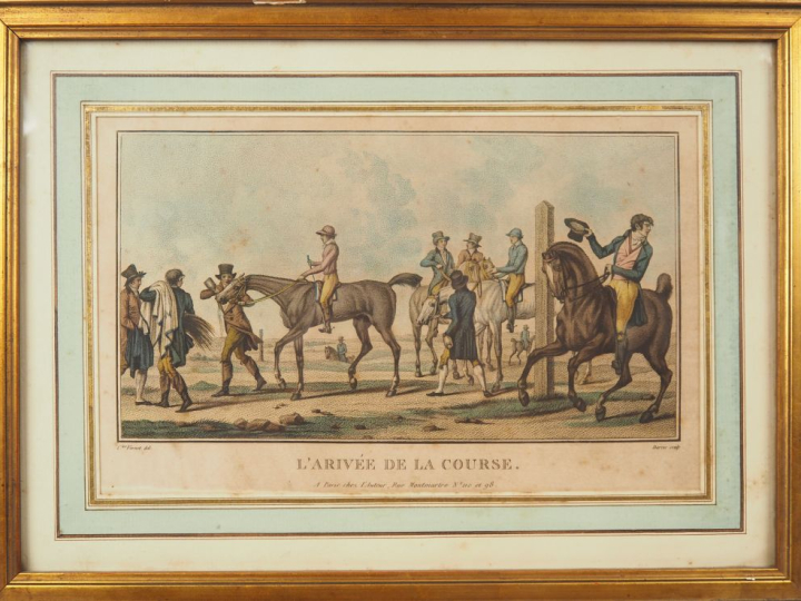 Carle VERNET.  4 gravures en couleurs "la course" "les apprèts d'une c