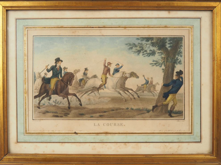Carle VERNET.  4 gravures en couleurs "la course" "les apprèts d'une c