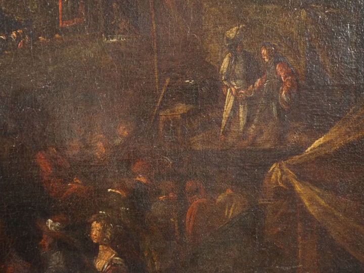 Ecole française XVIIème.  "campement devant le château" Huile sur toil