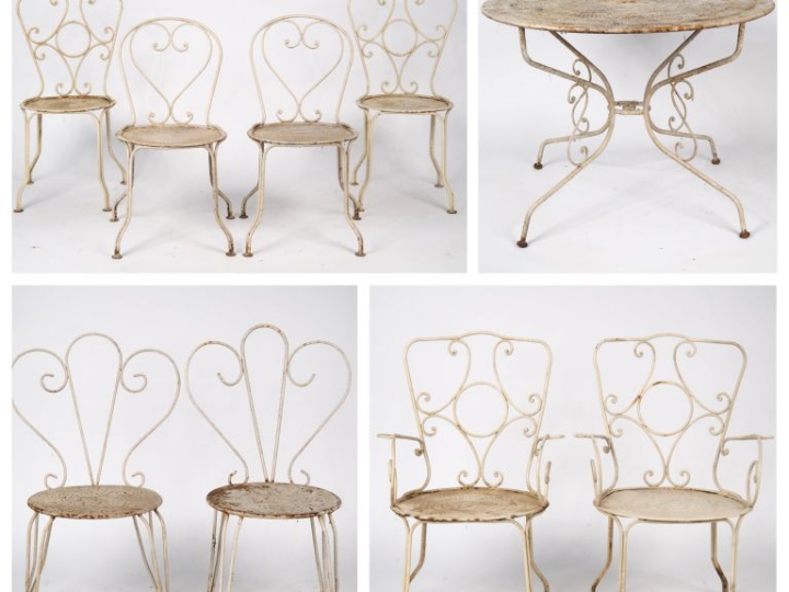 Mobilier de jardin 1900 en fer forgé laqué blanc comprenant :  une tab